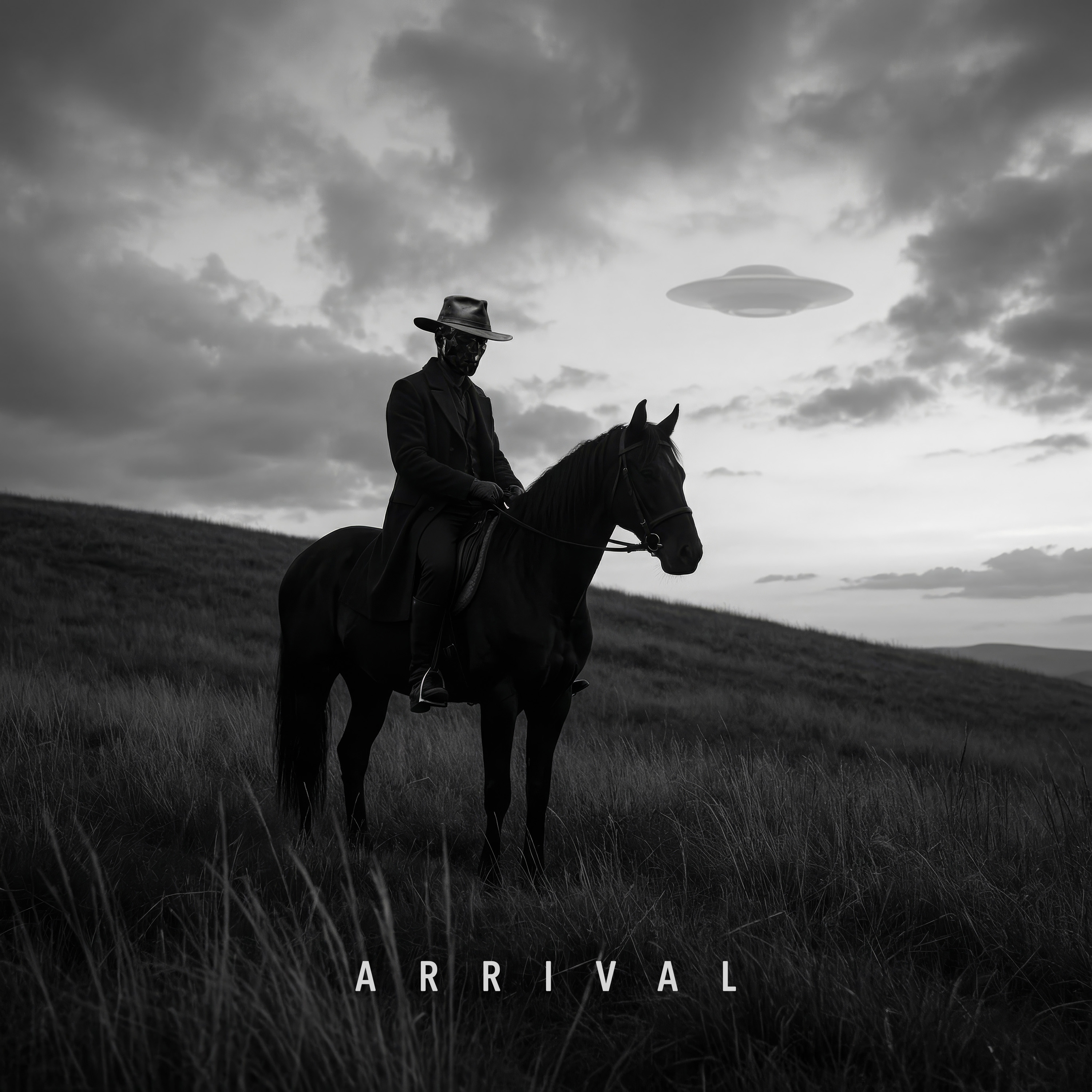 Neon Gatsby — Arrival album cover — horseback rider with UFO in western prairie