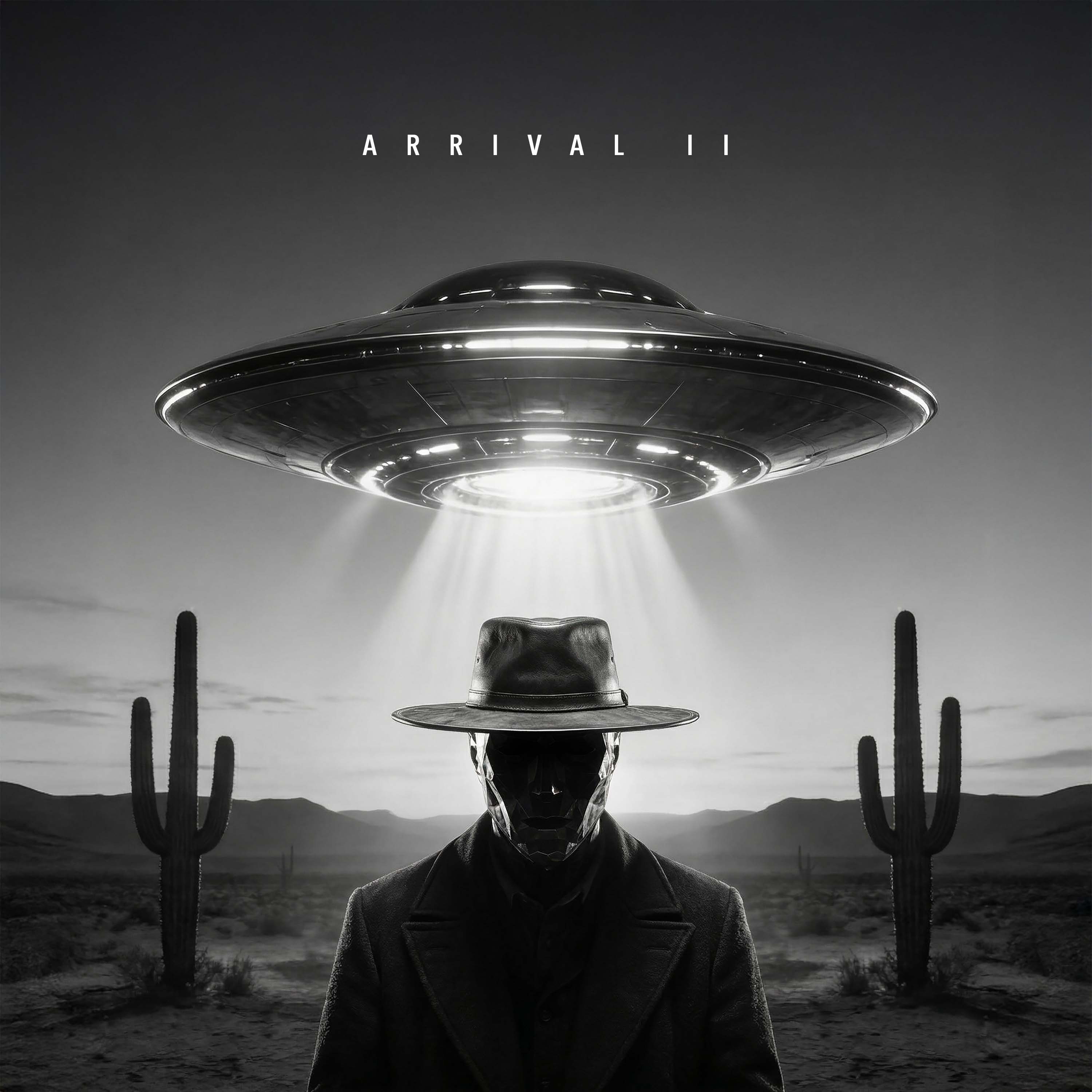Neon Gatsby — Arrival II album cover — UFO beam over desert with cacti